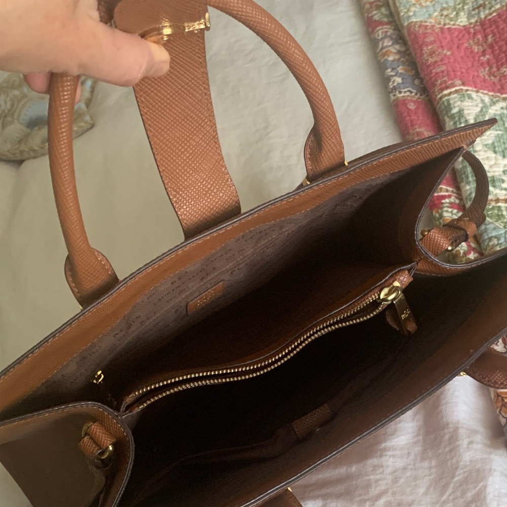 Ralph Lauren Cognac Textured Leather Satchel with Gold RL Medallion - Picture 5 of 16